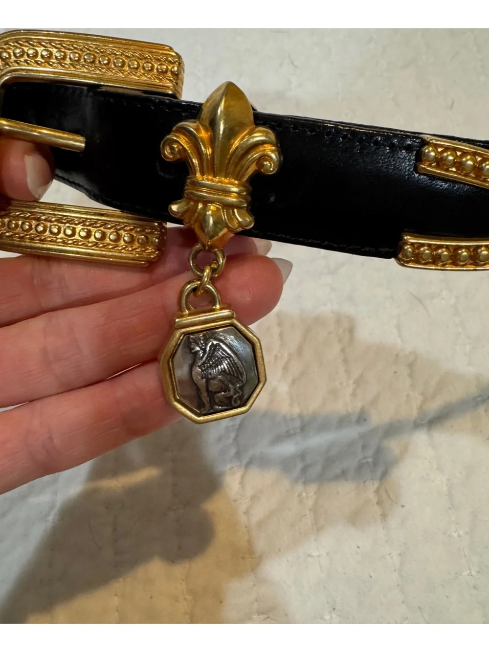 Brighton Black Leather Belt with Gold Fleur-de-Lis & Coin Charm| Vintage 1996|